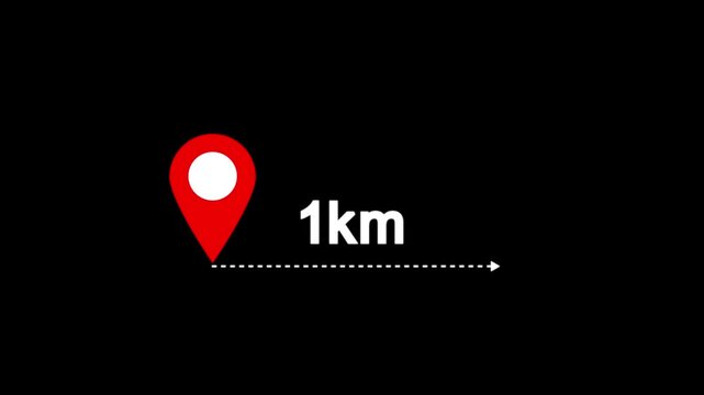 1 km distance from one place to another animation isolated on black background