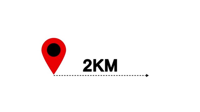 Distance from one place to another is one kilometer. location icon, 2 km distance icon