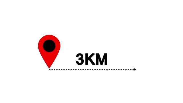 Distance from one place to another is one kilometer. location icon, 3 km distance icon
