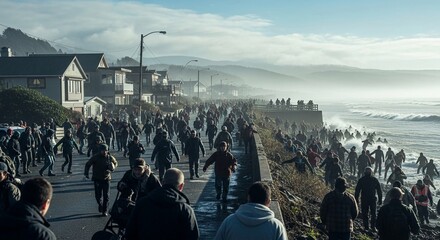 Fototapeta premium Massive evacuation unfolds along a coastal road as a large crowd flees a tsunami danger, showcasing urgent survival instincts.