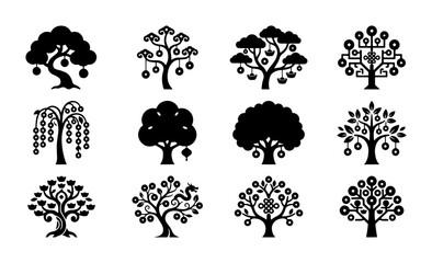 Obraz premium Set of 12 Black Silhouette Trees, Decorative Orchard and Fortune Symbols, Vector Icons for Nature and Prosperity Themes