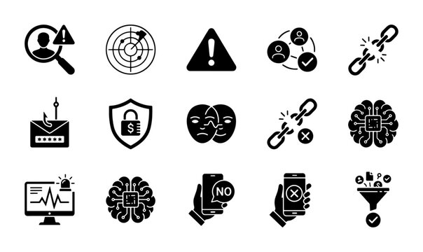 Cybersecurity Icons Set: Digital Security, Data Protection, Network Threats, Fraud Prevention, AI Security, System Monitoring, Social Engineering, Broken Links, Password Security, Warning Alerts