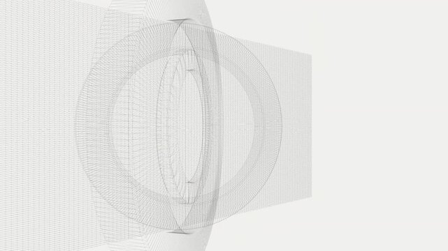 Abstract wireframe rings forming a complex 3d geometric structure on a white background