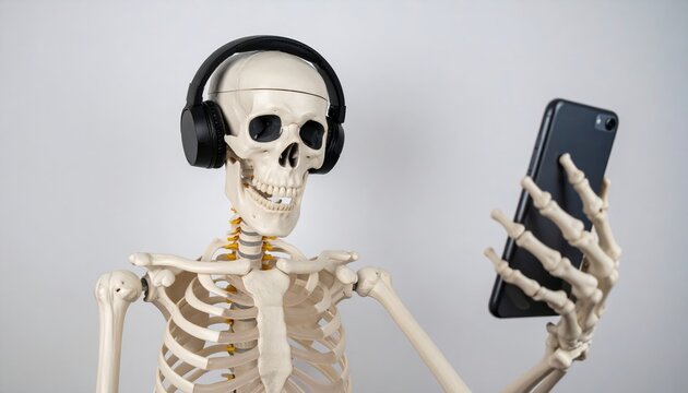 Fun selfie moment with skeleton model and headphones