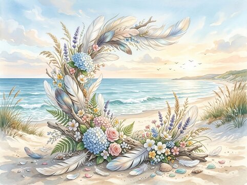 Watercolor floral wreath with feathers on a tropical beach