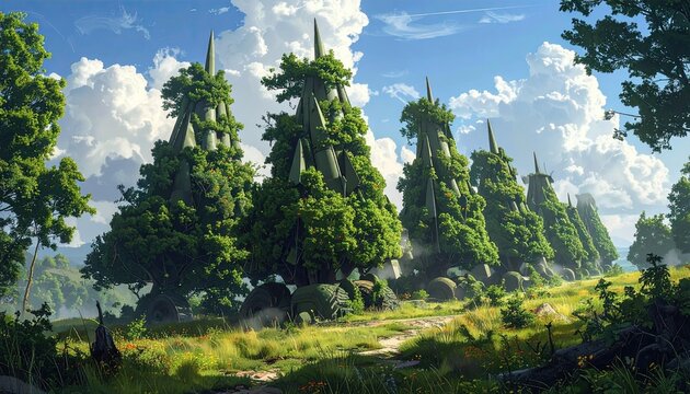 Majestic Futuristic Trees with Spirelike Tops in Lush Green Landscape