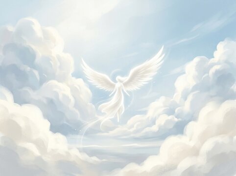 White angel flying in the clouds