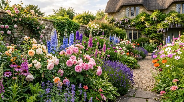 Charming english garden cottage landscape with vibrant colorful flowers blooming along a gravel pathway during soft golden hour summer afternoon.