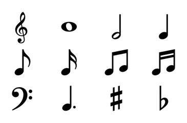 Fototapeta premium Musical Notation Symbols Vector Set: Treble Clef, Bass Clef, Notes, Rests, Sharps, Flats for Music Education and Design