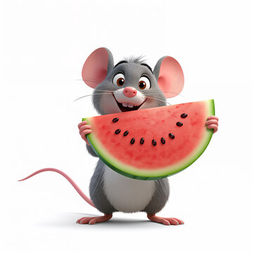 Funny cartoon playful mouse with a piece of watermelon isolated on white background  