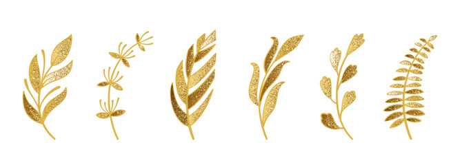 Branch gold glitter set. Golden botanical leaf branch, flower sprig, fern foliage and shiny luxury stem. Elegant plant collection with sparkle dust, floral decorative elements. Vector illustration © Suesse