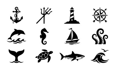 Obraz premium Nautical Vector Icons Set: Anchor, Trident, Lighthouse, Compass Rose, Dolphin, Seahorse, Sailboat, Octopus, Whale Tail, Turtle, Shark, Waves - Marine Collection