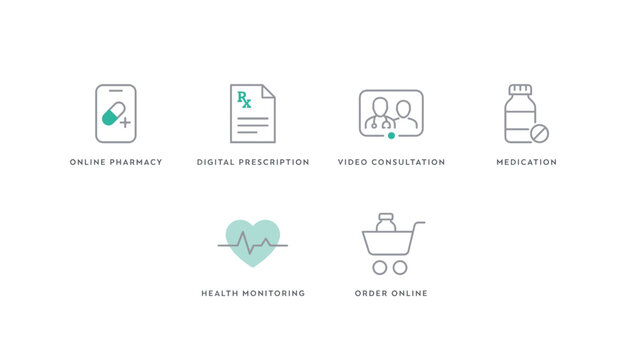 Telehealth consulting and online drugstore vector icons &ndash; Great for digital medicine interfaces, health tech marketing, or electronic health records.