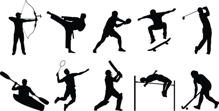 vector set of black silhouettes representing athletes engaged in diverse sports and athletic activities isolated on a plain white background for design elements
