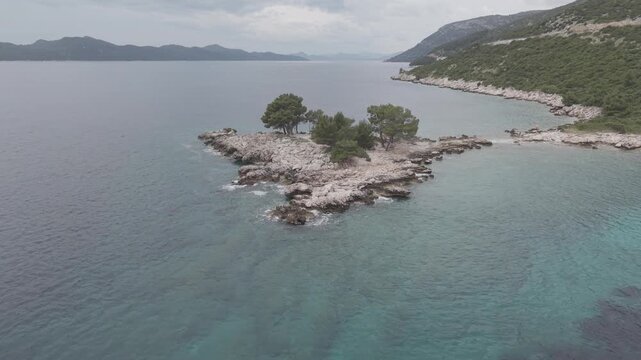 Small Rocky Island with Pine Trees in Turquoise Sea
