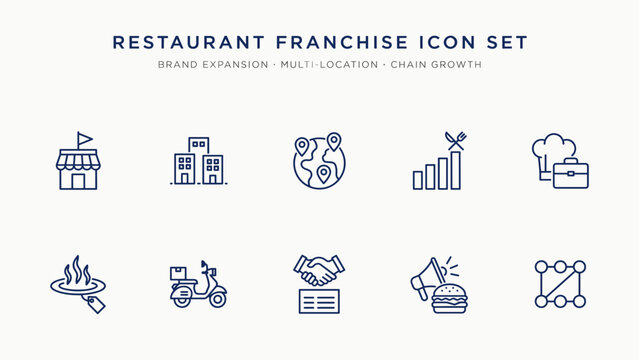 Restaurant franchise and multiple locations icon sheet &ndash; Ideal for hospitality brand expansion plans, corporate food chain reports, or business sites.