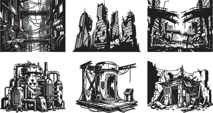 Post apocalyptic city ruins and industrial wasteland icons vector setPost apocalyptic city ruins and industrial wasteland icons vector set\