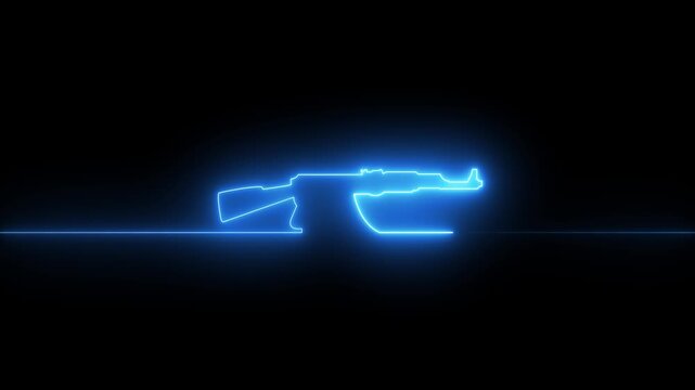 Blue neon outline of an AK-47 assault rifle glowing on a black background for a video game.
