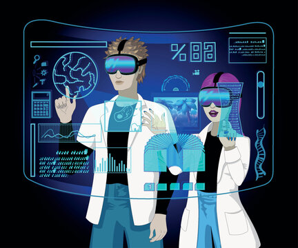 Vector flat illustration of a scientists or madical staff, working using by virtual reality headset