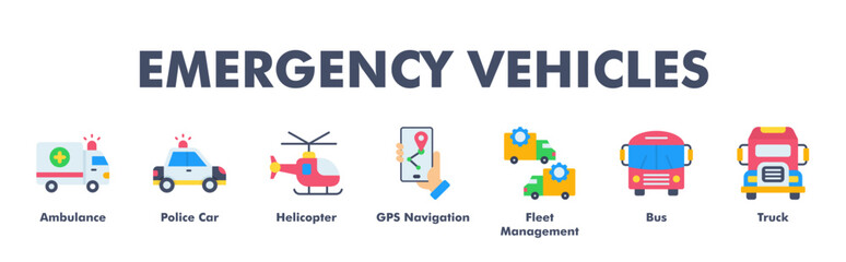 EMERGENCY VEHICLES web banner icon vector illustration concept with icon of Ambulance, Police Car, Helicopter, GPS Navigation, Fleet Management, Bus, Truck  © Kron Visual