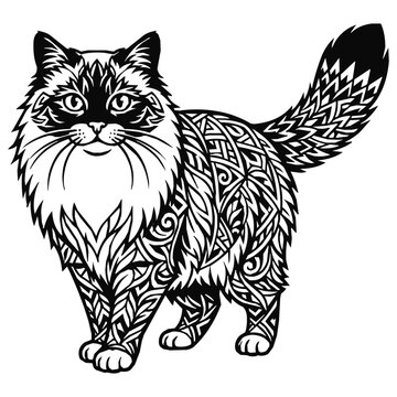 Detailed Cat Mandala with Ornate Pattern and Tribal Design Elements, Fluffy Long-Haired Feline Line Art for Adult Coloring Book