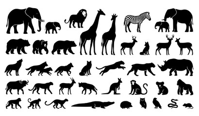 Black and White Wild Animal Silhouette Set with Safari Mammals and Forest Wildlife Graphics © Rashel12