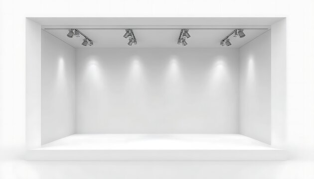 Bright empty stage with overhead lighting rig and clean white walls for event performance or exhibition display.