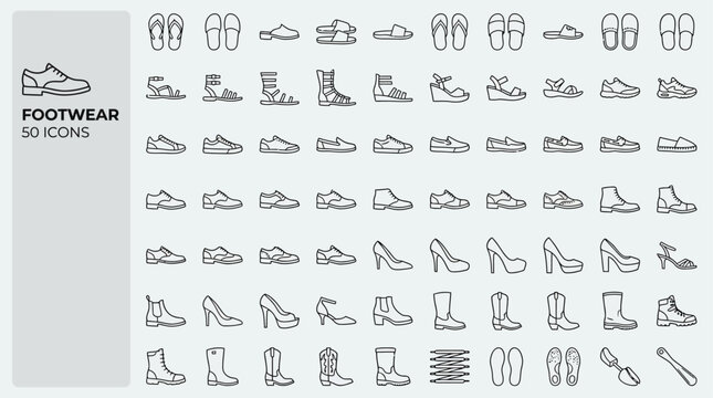 Footwear outline icon collection featuring slipper, sandal, boot, sneaker, and casual shoe in a clean minimalist linear design style for fashion and retail digital interface.