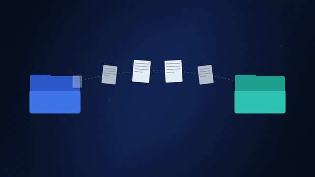 Blue folder receiving documents then transferring files to green folder on navy background variant