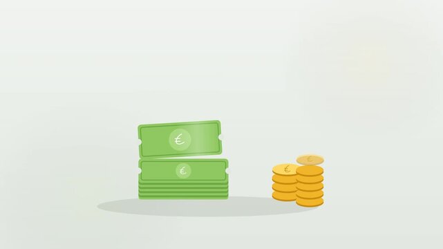 Euro banknotes and coin stack animating in on clean white background