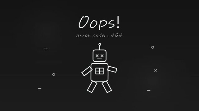 Broken robot character with Oops error code 404 message on dark background