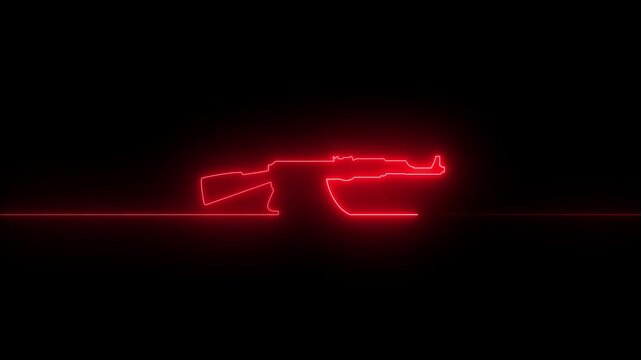 Red neon outline of an AK-47 assault rifle glowing on a black background for a video game.
