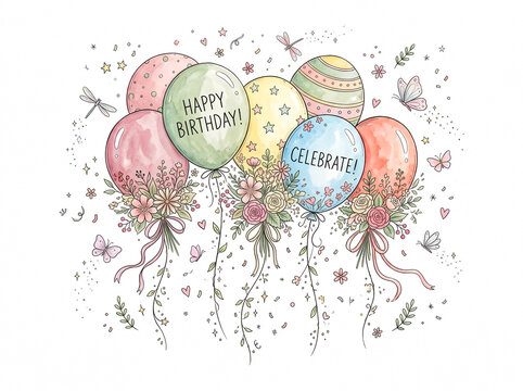 Floral Birthday Balloon Watercolor Doodle Illustration with Butterflies for Greeting Cards and Party Branding