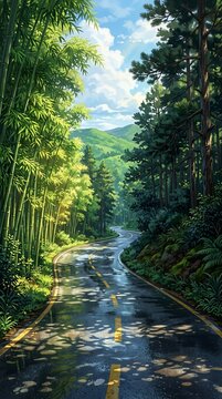 Anime style winding road through a lush green forest