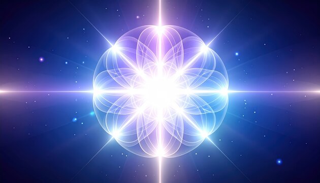 A luminous, intricate sphere radiating light in a cosmic blue expanse, with stardust speckles