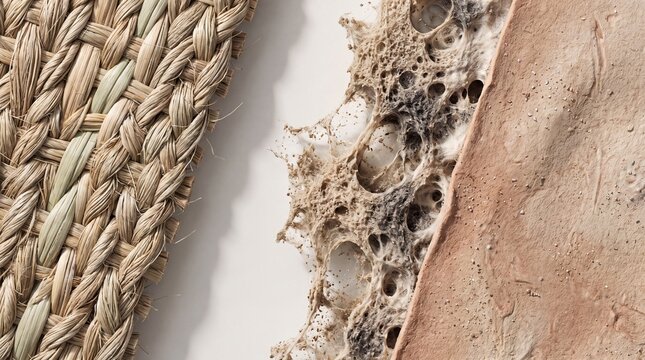 Macro view showing natural fibers transitioning from hemp to mycelium pulp.
