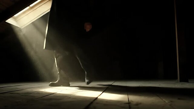 Man walking through a beam of light in a dark, dusty attic. Sunlight illuminates floorboards and swirling dust particles. Cinematic mystery concept for crime drama.
