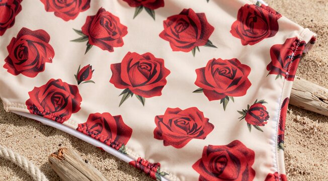 Rose print swimsuit lying on sandy beach with driftwood