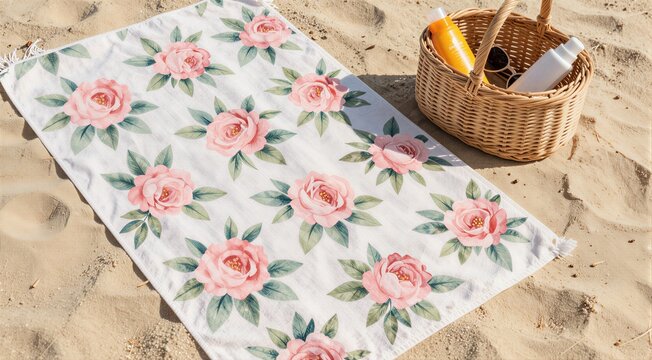 Floral beach towel laid on sand with picnic basket and sunscreen