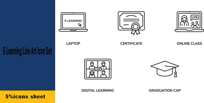 Best Title: E-learning and digital schooling line art icon set, vector elements of study laptop, achievement certificate, online class lecture, group video learning, and graduation cap.