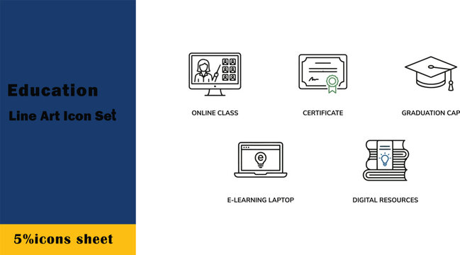 Best Title: Online education and e-learning line art icon set, vector elements of online class monitor, graduation certificate diploma, mortarboard cap, and digital textbook library.