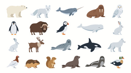 Arctic animals collection features diverse wildlife including a polar bear, narwhal, walrus, and penguin arranged in a clean grid for educational purposes. © labubu