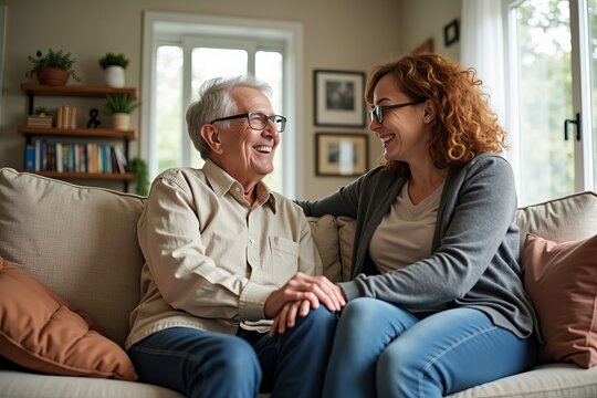 Warm Living Room Setting with Senior and Family Member Engaging in Conversation About Accessibility Features like Grab Bars and Ramps, Both Smiling and Sharing Insights.