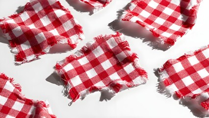 Fototapeta premium Arrangement of red and white checkered fabric pieces with frayed edges scattered creatively across a bright surface creating a sense of rustic charm for culinary or decorative concepts