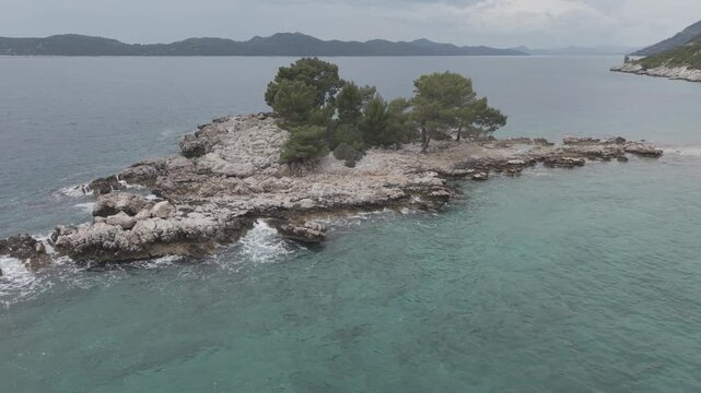 Small Rocky Island with Pine Trees in Turquoise Sea