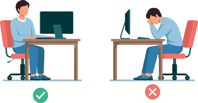 Ergonomic sitting posture guide showing correct vs incorrect office desk positions with computer flat vector illustration isolated on white