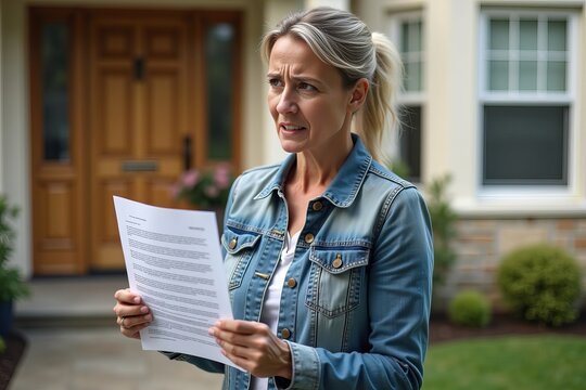 Candid Image of Concerned Homeowner at Front Door, Gripping Official Notice Letter Against a Thoughtful Backdrop