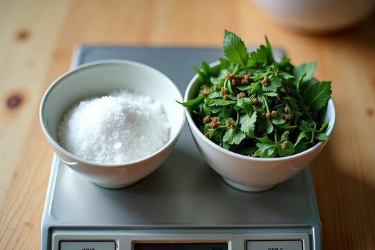 Close-Up of a Kitchen Scale Showcasing Equal Weights of Coarse Sea Salt and a Colorful Blend of Fresh Herbs, Highlighting Balance and Choice