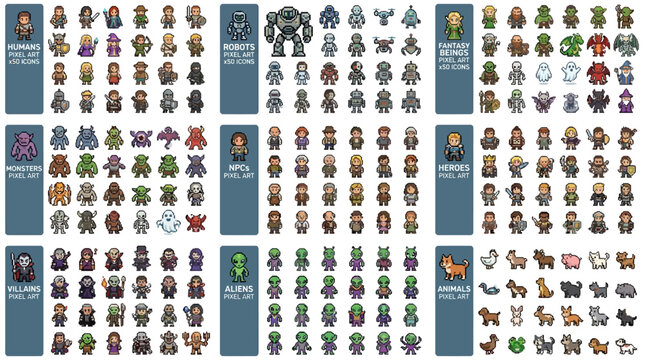 Massive collection of sixty-four diverse pixel art character sprites featuring a wide variety of humans, futuristic robots, and mythical fantasy beings for video game development assets.
