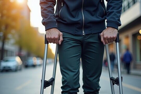 Close-Up of a Man's Hands Firmly Holding Crutches Against a Blurred Urban Backdrop, Symbolizing Resilience and the Path to Recovery.